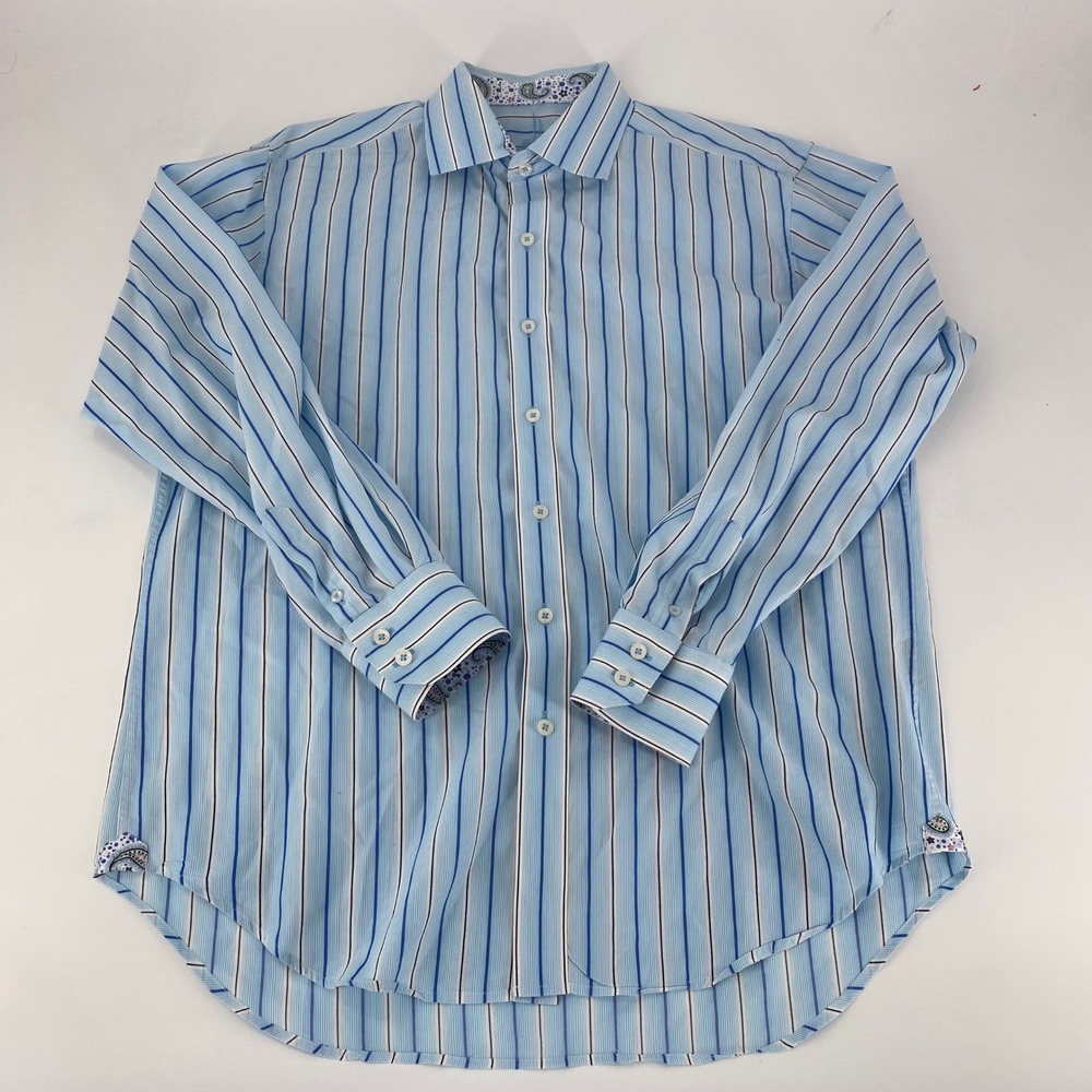 Robert Graham Mens Striped Button Down‎ Shirt L Multi Color Paisley Trim